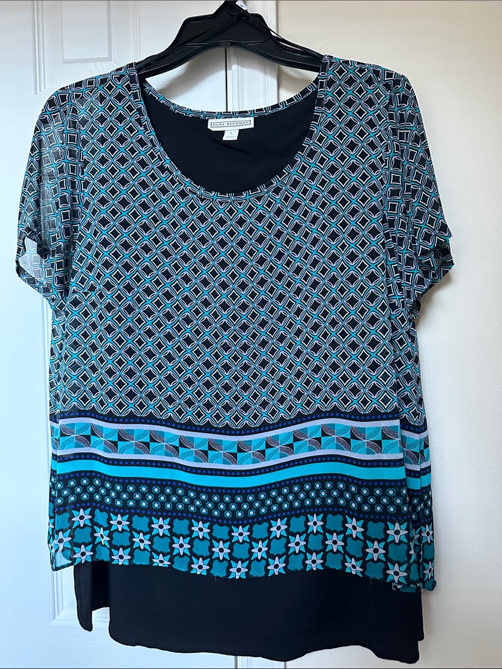 Dana Buchman Teal & Black Geometric Layered Short Sleeve Top